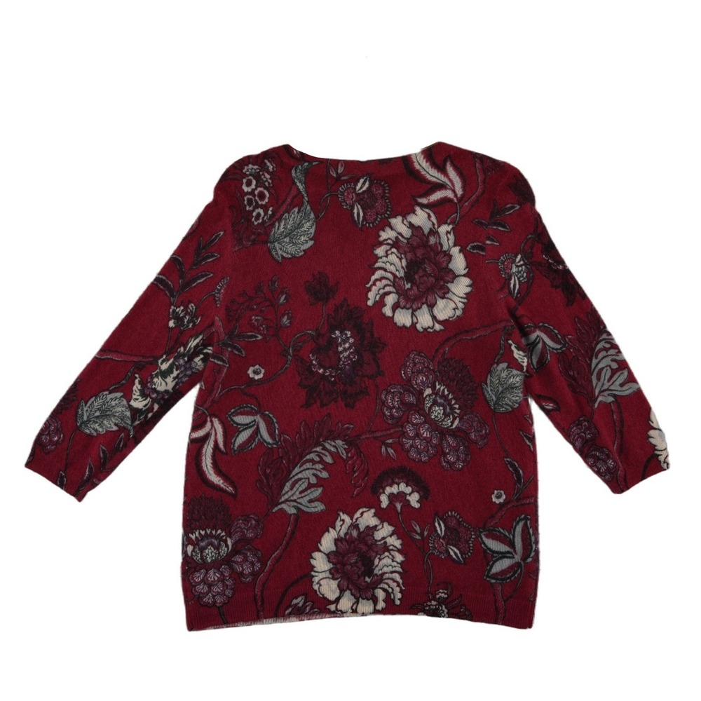 Talbots Pure Cashmere Sweater Women's Size 1X Burgundy Floral 3/4 Sleeve Crew - Picture 3 of 7